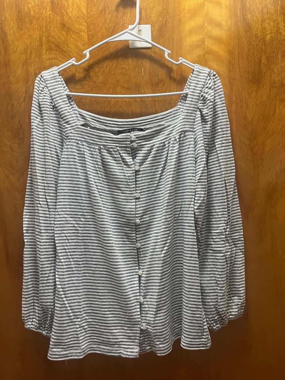 Lucky Brand Gray & White Striped Square Neck Button Blouse